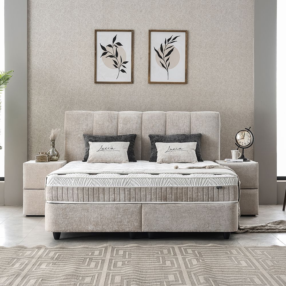 boxspringbetten mit aufbewahrung LUCIA Boxspringbett Stauraum Bettkasten Stoffdesign Grau Beige Boxbett – GO MÖBEL