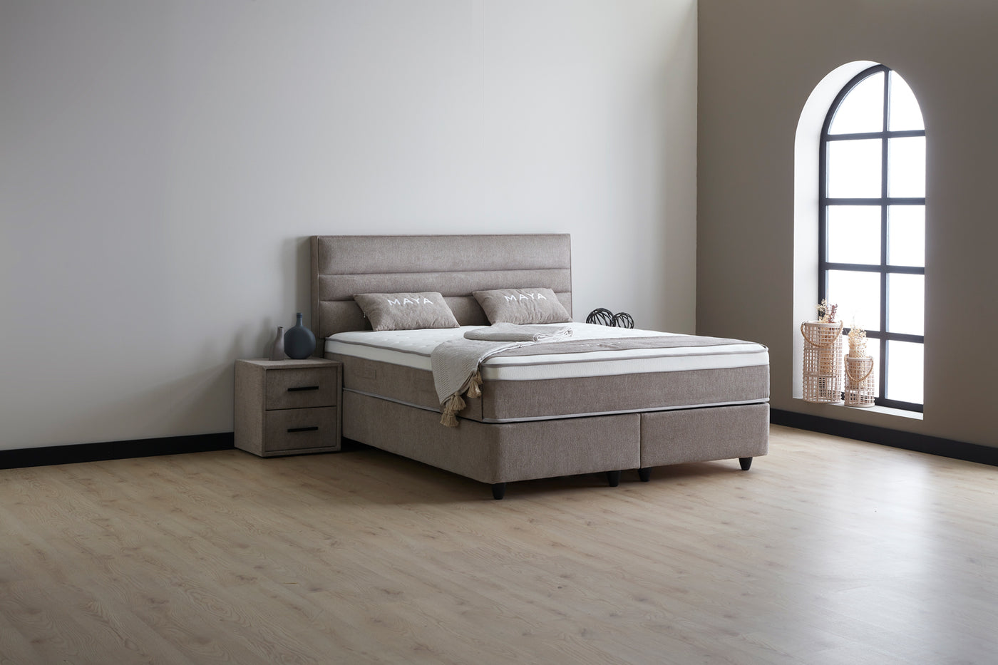 MAYA Boxspringbett Stauraum Bettkasten Webstoff Grau Boxbett von ABC Bedding | maya-boxspringbett-stauraum-bettkasten-samt-velours-greige-boxbett | Mit Bettkasten