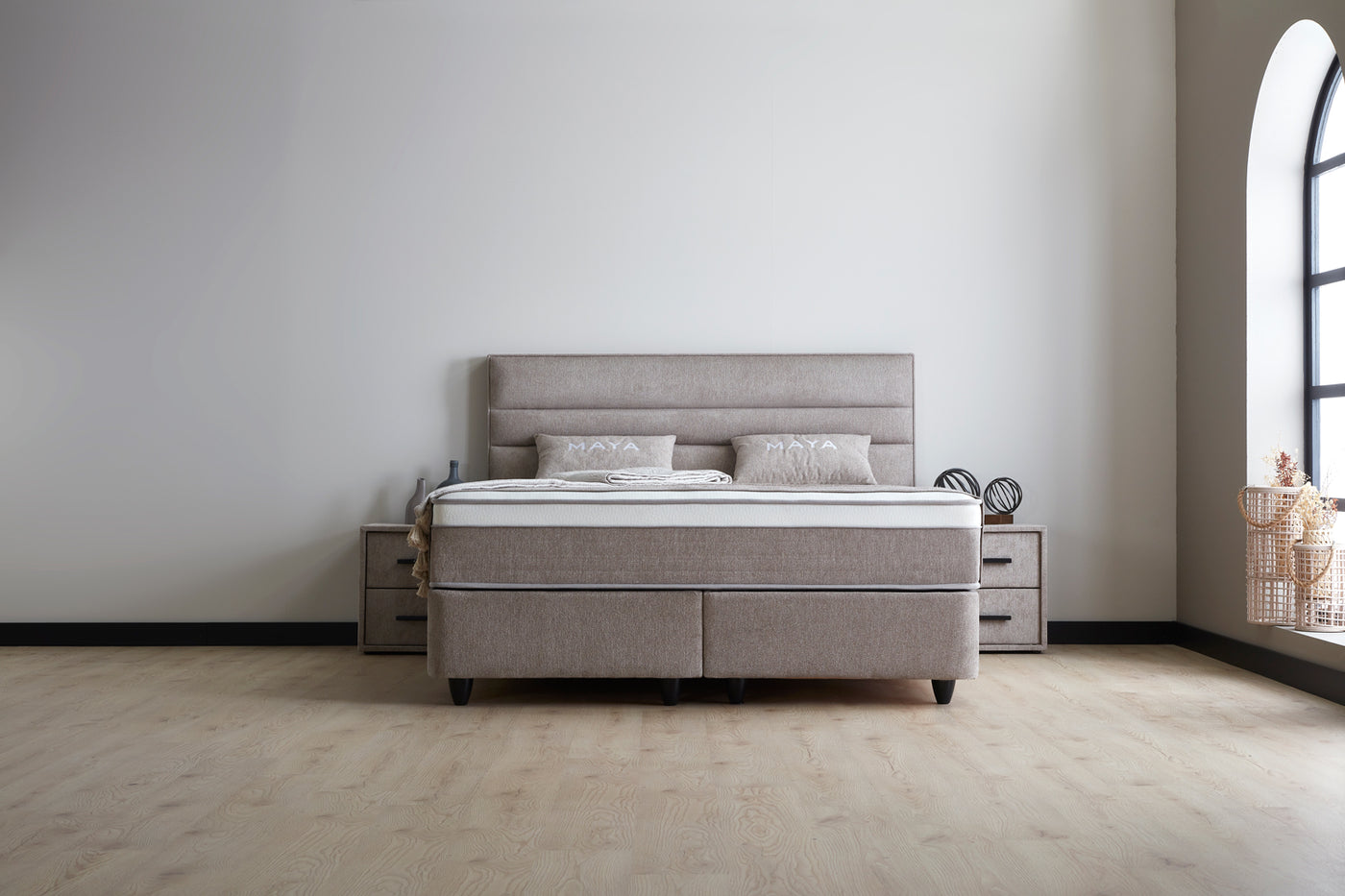 MAYA Boxspringbett Stauraum Bettkasten Webstoff Grau Boxbett von ABC Bedding | maya-boxspringbett-stauraum-bettkasten-samt-velours-greige-boxbett | Mit Bettkasten