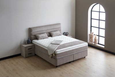 MAYA Boxspringbett Stauraum Bettkasten Webstoff Grau Boxbett von ABC Bedding | maya-boxspringbett-stauraum-bettkasten-samt-velours-greige-boxbett | Mit Bettkasten
