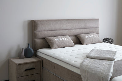 MAYA Boxspringbett Stauraum Bettkasten Webstoff Grau Boxbett von ABC Bedding | maya-boxspringbett-stauraum-bettkasten-samt-velours-greige-boxbett | Mit Bettkasten