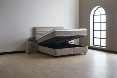 MAYA Boxspringbett Stauraum Bettkasten Webstoff Grau Boxbett von ABC Bedding | maya-boxspringbett-stauraum-bettkasten-samt-velours-greige-boxbett | Mit Bettkasten
