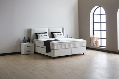 RUBY Boxspringbett Stauraum Bettkasten Samtstoff Weiß Boxbett von ABC Bedding | ruby-boxspringbett-stauraum-bettkasten-webstoff-hellgrau-boxbett | Mit Bettkasten