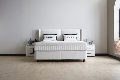 RUBY Boxspringbett Stauraum Bettkasten Samtstoff Weiß Boxbett von ABC Bedding | ruby-boxspringbett-stauraum-bettkasten-webstoff-hellgrau-boxbett | Mit Bettkasten