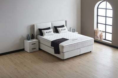 RUBY Boxspringbett Stauraum Bettkasten Samtstoff Weiß Boxbett von ABC Bedding | ruby-boxspringbett-stauraum-bettkasten-webstoff-hellgrau-boxbett | Mit Bettkasten