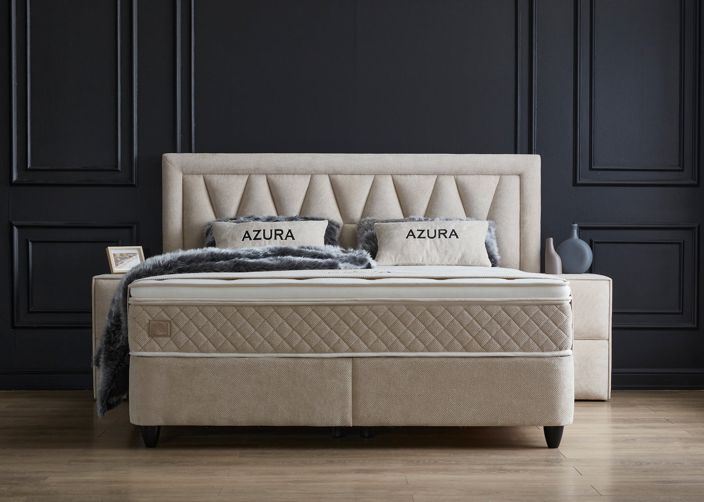 Azura Boxspringbett Stauraum Bettkasten Stoff Beige Creme Boxbett von ABC Bedding | azura-boxspringbett-stauraum-bettkasten-lederoptik-weiss-boxbett | Mit Bettkasten