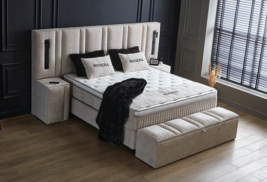 Riviera Boxspringbett Beige Stauraum Bettkasten Boxbett von ABC Bedding | riviera-boxspringbett-stauraum-bettkasten-boxbett | Mit Bettkasten