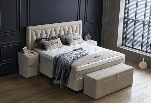 Azura Boxspringbett Stauraum Bettkasten Stoff Beige Creme Boxbett von ABC Bedding | azura-boxspringbett-stauraum-bettkasten-lederoptik-weiss-boxbett | Mit Bettkasten
