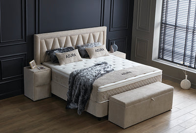 Azura Boxspringbett Stauraum Bettkasten Stoff Beige Creme Boxbett von ABC Bedding | azura-boxspringbett-stauraum-bettkasten-lederoptik-weiss-boxbett | Mit Bettkasten