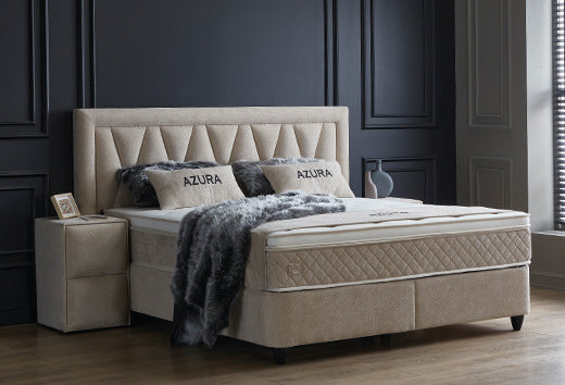 Azura Boxspringbett Stauraum Bettkasten Stoff Beige Creme Boxbett von ABC Bedding | azura-boxspringbett-stauraum-bettkasten-lederoptik-weiss-boxbett | Mit Bettkasten