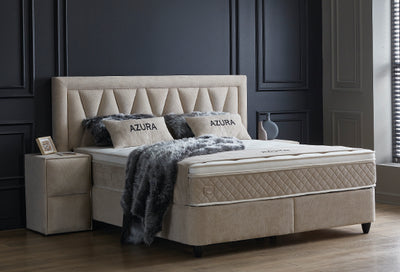 Azura Boxspringbett Stauraum Bettkasten Stoff Beige Creme Boxbett von ABC Bedding | azura-boxspringbett-stauraum-bettkasten-lederoptik-weiss-boxbett | Mit Bettkasten