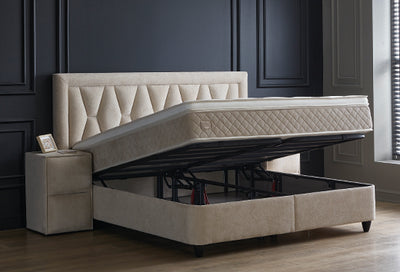 Azura Boxspringbett Stauraum Bettkasten Stoff Beige Creme Boxbett von ABC Bedding | azura-boxspringbett-stauraum-bettkasten-lederoptik-weiss-boxbett | Mit Bettkasten
