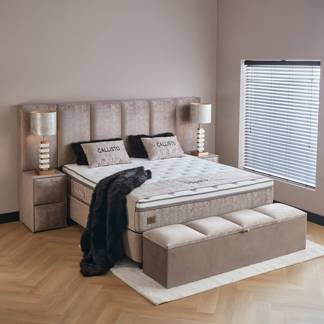 Calisto Boxspringbett Stauraum Bettkasten Topper Samt Beige Boxbett von ABC Bedding