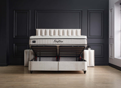 DAYTONA Boxspringbett Stauraum Bettkasten Samt Hell Beige Boxbett von ABC Bedding | kopie-von-hamilton-stauraum-boxbett-boxspringbett-mit-bettkasten-stoff-grau-anthrazit-1 | Mit Bettkasten