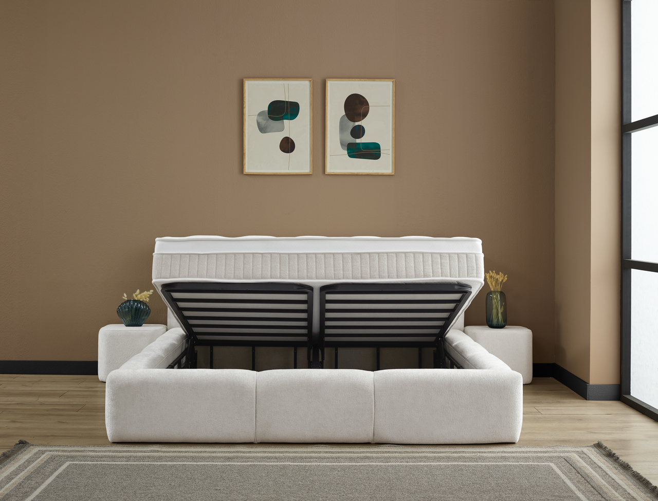 ESILA Boxspringbett Stauraum Bettkasten Stoff Creme Beige Boxbett von ABC Bedding