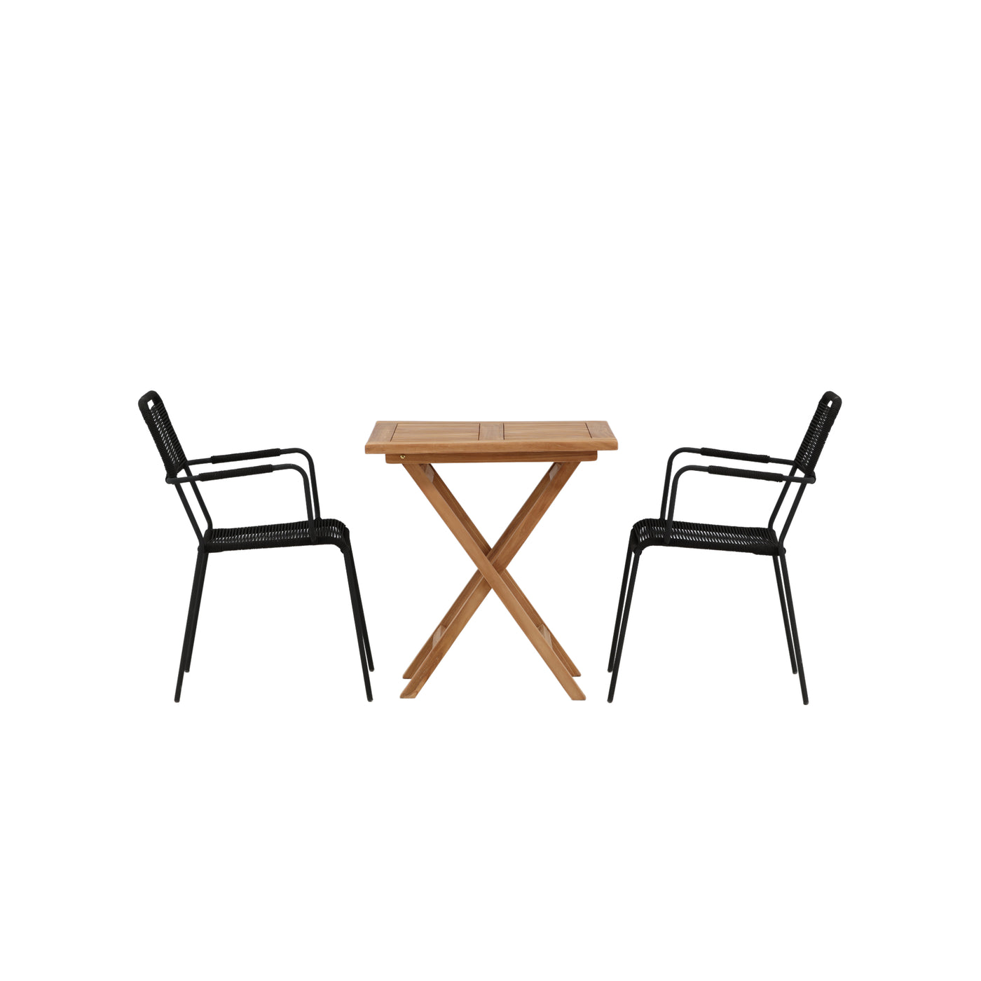 Yanjiao – Klapptisch – Natur – Teak – 70 x 70 cm _1 + Huauchinango-Sessel – schwarzes Alu / schwarzes Seil _2