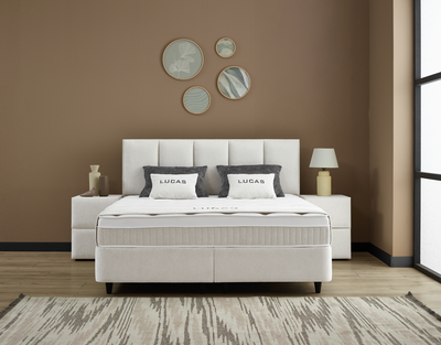 LUCAS Boxspringbett Stauraum Bettkasten Stoffdesign Creme Beige Boxbett von ABC Bedding