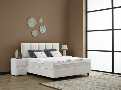 LUCAS Boxspringbett Stauraum Bettkasten Stoffdesign Creme Beige Boxbett von ABC Bedding