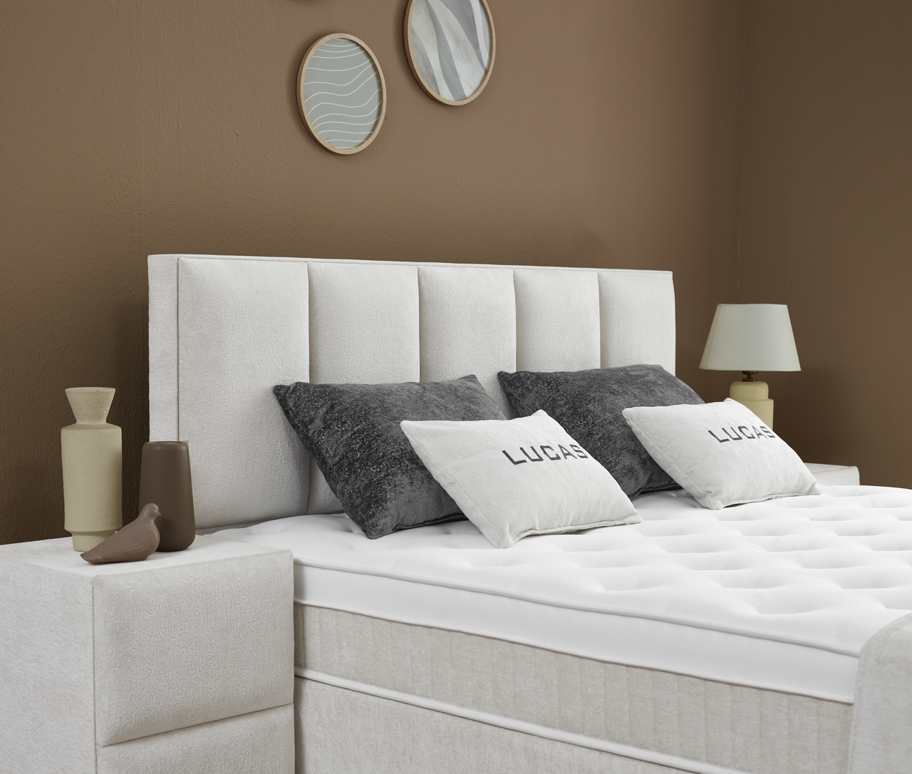 LUCAS Boxspringbett Stauraum Bettkasten Stoffdesign Creme Beige Boxbett von ABC Bedding