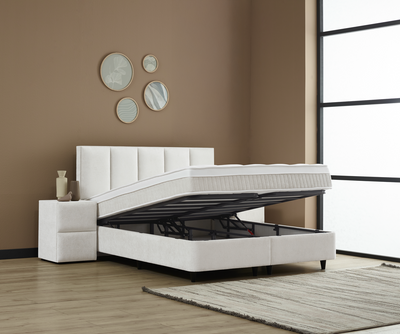 LUCAS Boxspringbett Stauraum Bettkasten Stoffdesign Creme Beige Boxbett von ABC Bedding