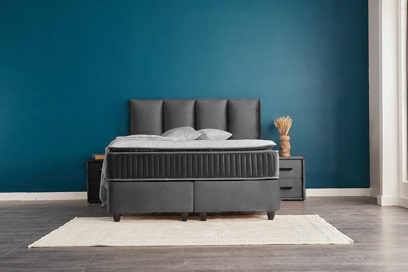 NORA Boxbett Boxspringbett Bettkasten Topper Samt Velvet Velours Grau Anthrazit von ABC Bedding | boxspringbett-boxbett-lilia-180x200-mit-bettkasten | Mit Bettkasten