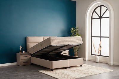 SENNA Boxspringbett Bettkasten Stauraum Topper Webstoff Beige Boxbett von ABC Bedding | senna-boxbett-boxspringbett-mit-bettkasten-webstoff-beige | Mit Bettkasten