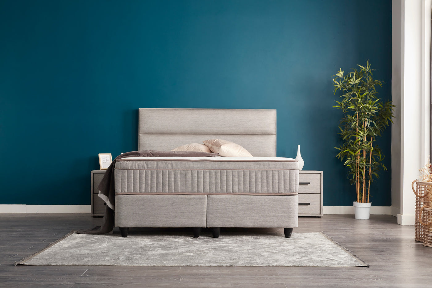 SUNA Boxspringbett Bettkasten Stauraum Topper Webstoff Grau Polsterbett von ABC Bedding | kopie-von-senna-boxbett-boxspringbett-mit-bettkasten-stauraum-webstoff-beige-hell-orthopadisch | Mit Bettkasten