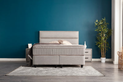 SUNA Boxspringbett Bettkasten Stauraum Topper Webstoff Grau Polsterbett von ABC Bedding | kopie-von-senna-boxbett-boxspringbett-mit-bettkasten-stauraum-webstoff-beige-hell-orthopadisch | Mit Bettkasten
