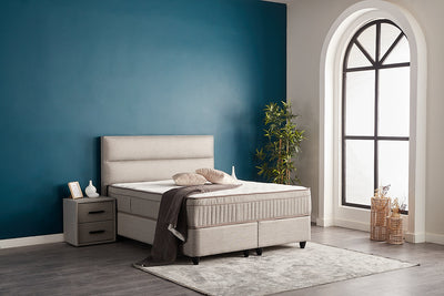 SUNA Boxspringbett Bettkasten Stauraum Topper Webstoff Grau Polsterbett von ABC Bedding | kopie-von-senna-boxbett-boxspringbett-mit-bettkasten-stauraum-webstoff-beige-hell-orthopadisch | Mit Bettkasten