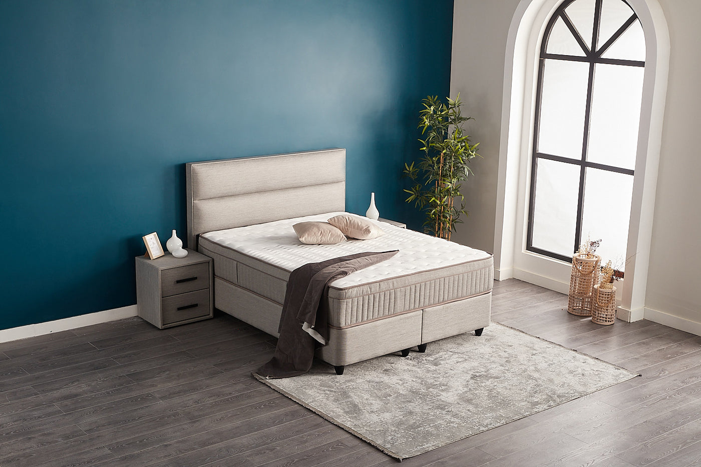 SUNA Boxspringbett Bettkasten Stauraum Topper Webstoff Grau Polsterbett von ABC Bedding | kopie-von-senna-boxbett-boxspringbett-mit-bettkasten-stauraum-webstoff-beige-hell-orthopadisch | Mit Bettkasten
