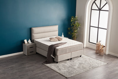 SUNA Boxspringbett Bettkasten Stauraum Topper Webstoff Grau Polsterbett von ABC Bedding | kopie-von-senna-boxbett-boxspringbett-mit-bettkasten-stauraum-webstoff-beige-hell-orthopadisch | Mit Bettkasten