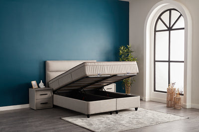 SUNA Boxspringbett Bettkasten Stauraum Topper Webstoff Grau Polsterbett von ABC Bedding | kopie-von-senna-boxbett-boxspringbett-mit-bettkasten-stauraum-webstoff-beige-hell-orthopadisch | Mit Bettkasten