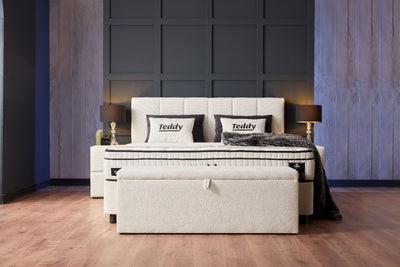 TEDDY Boxspringbett Stauraum Bettkasten Topper Boucle Beige Weiß Boxbett von ABC Bedding | teddy-stauraum-boxbett-boxspringbett-mit-bettkasten-stoff-beige-hell | Mit Bettkasten