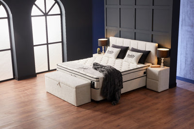 TEDDY Boxspringbett Stauraum Bettkasten Topper Boucle Beige Weiß Boxbett von ABC Bedding | teddy-stauraum-boxbett-boxspringbett-mit-bettkasten-stoff-beige-hell | Mit Bettkasten