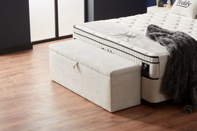TEDDY Boxspringbett Stauraum Bettkasten Topper Boucle Beige Weiß Boxbett von ABC Bedding | teddy-stauraum-boxbett-boxspringbett-mit-bettkasten-stoff-beige-hell | Mit Bettkasten