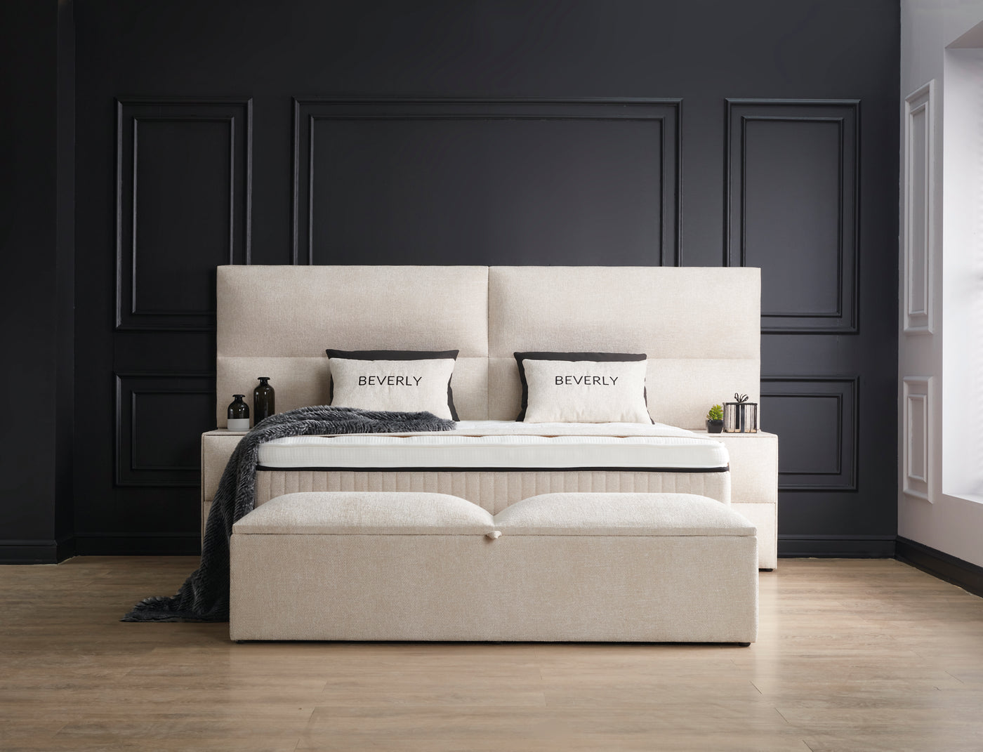 Beverly Boxspringbett Webstoff Stauraum Bettkasten Weiß Boxbett von ABC Bedding
