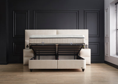 Beverly Boxspringbett Webstoff Stauraum Bettkasten Weiß Boxbett von ABC Bedding