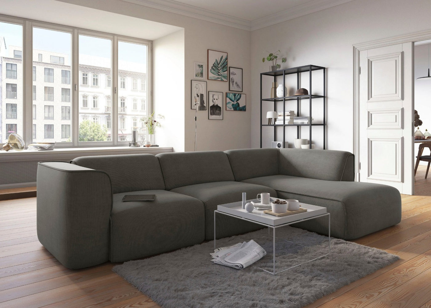 Madea Sofa Couch Cord Grau L Form Kasten Block