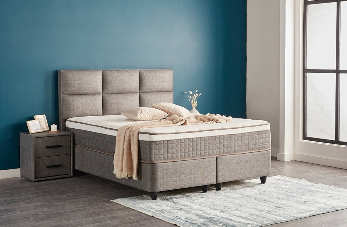 ZELDA Boxbett Boxspringbett Bettkasten Strukturstoff Grau Greige orthopädisch von ABC Bedding | zelda-boxbett-boxspringbett-mit-bettkasten-samt-grau-anthrazit | Mit Bettkasten