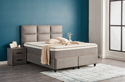 ZELDA Boxbett Boxspringbett Bettkasten Strukturstoff Grau Greige orthopädisch von ABC Bedding | zelda-boxbett-boxspringbett-mit-bettkasten-samt-grau-anthrazit | Mit Bettkasten
