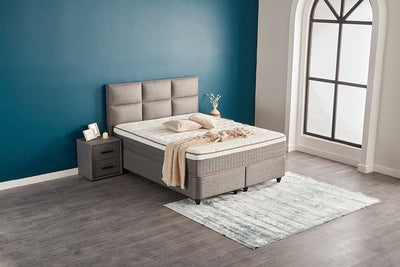 ZELDA Boxbett Boxspringbett Bettkasten Strukturstoff Grau Greige orthopädisch von ABC Bedding | zelda-boxbett-boxspringbett-mit-bettkasten-samt-grau-anthrazit | Mit Bettkasten