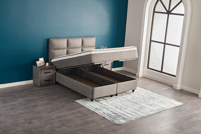 ZELDA Boxbett Boxspringbett Bettkasten Strukturstoff Grau Greige orthopädisch von ABC Bedding | zelda-boxbett-boxspringbett-mit-bettkasten-samt-grau-anthrazit | Mit Bettkasten