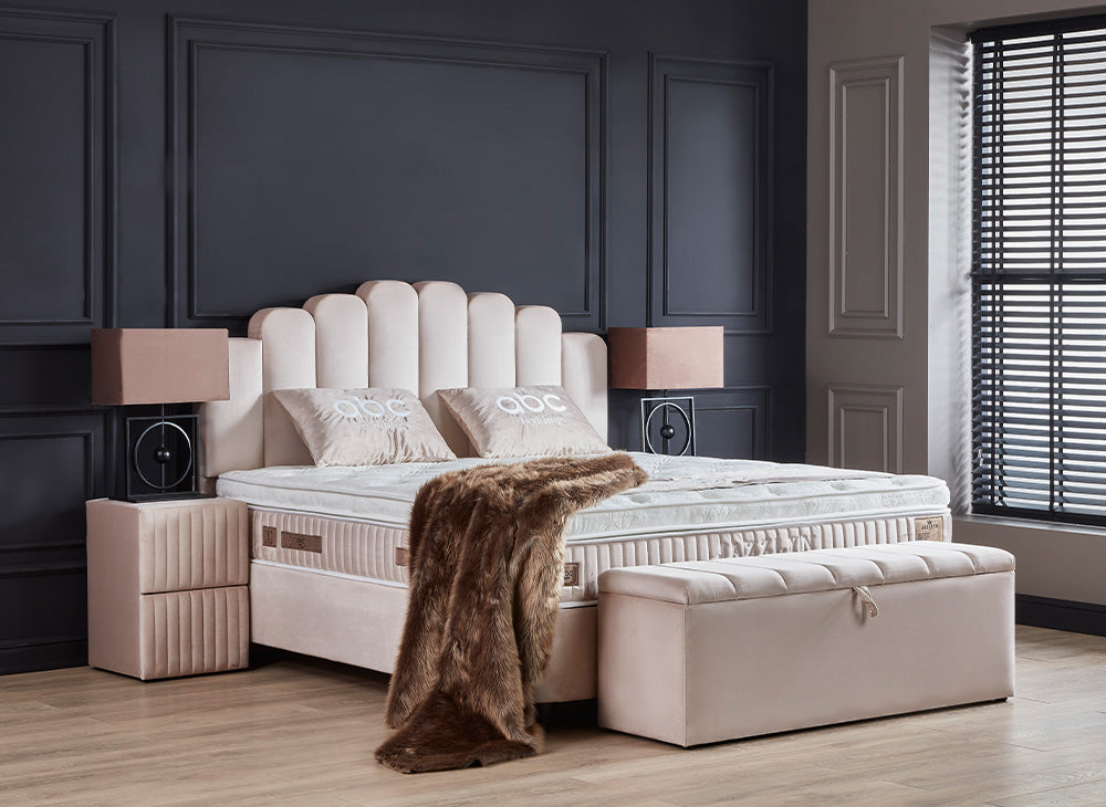 JAZZLYN Stauraum Boxbett Boxspringbett Bettkasten Samt Stoff Beige von ABC Bedding | boxspringbett-jazzlyn-beige | Mit Bettkasten