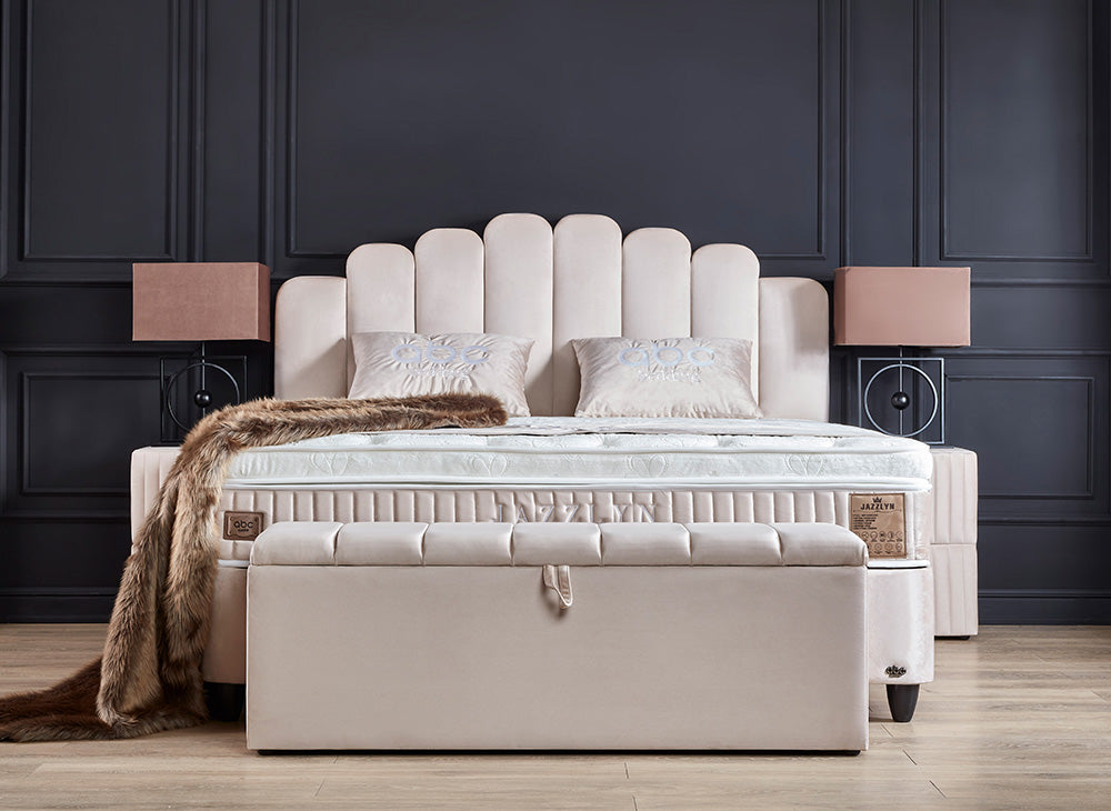 boxspringbett mit aufbewahrung JAZZLYN Stauraum Boxbett Boxspringbett Bettkasten Samt Stoff Beige von ABC  Bedding