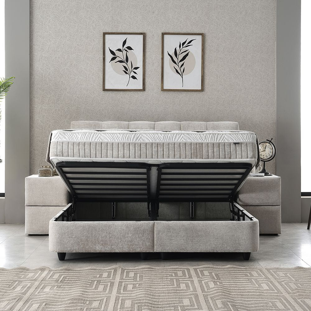 boxspringbetten mit aufbewahrung LUCIA Boxspringbett Stauraum Bettkasten Stoffdesign Grau Beige Boxbett – GO  MÖBEL