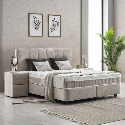 LUCIA Boxspringbett Stauraum Bettkasten Stoffdesign Grau Beige Boxbett von ABC Bedding