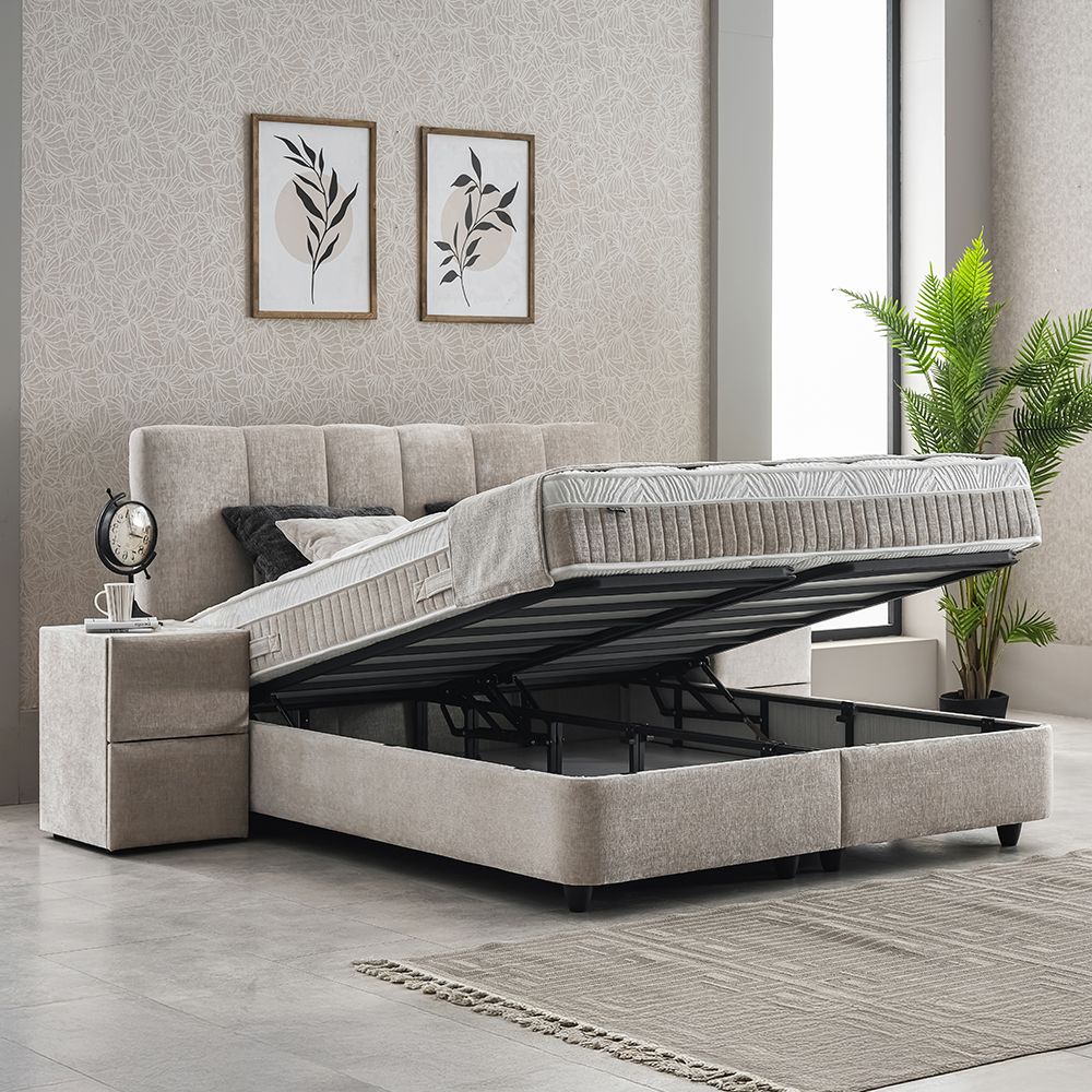 LUCIA Boxspringbett Stauraum Bettkasten Stoffdesign Grau Beige Boxbett von ABC Bedding