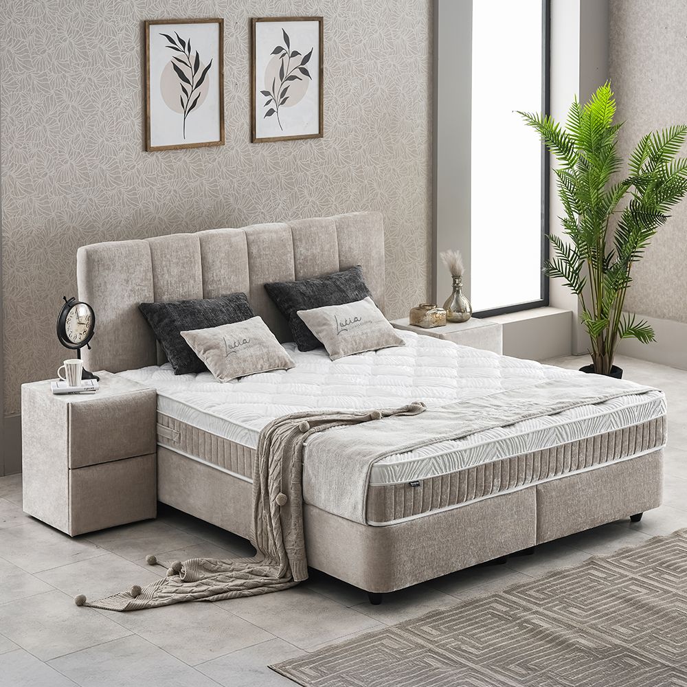 LUCIA Boxspringbett Stauraum Bettkasten Stoffdesign Grau Beige Boxbett von ABC Bedding