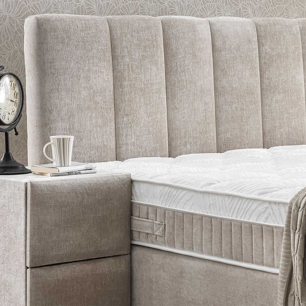 LUCIA Boxspringbett Stauraum Bettkasten Stoffdesign Grau Beige Boxbett von ABC Bedding