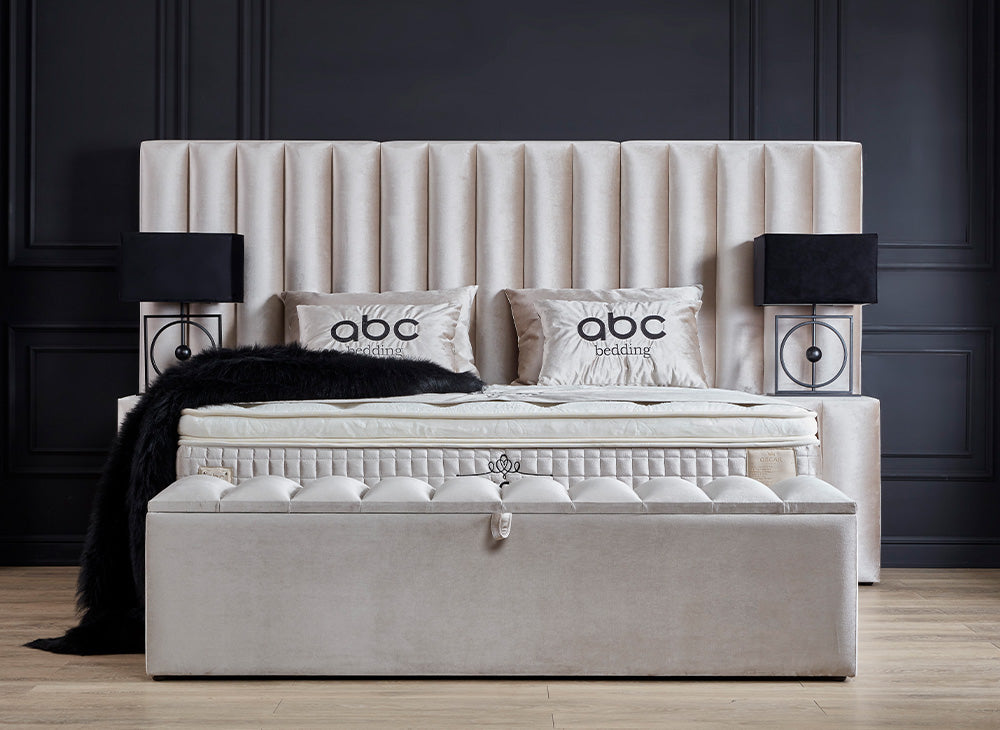 OSCAR Boxspringbett Stauraum Bettkasten Topper Samt Creme Beige Boxbett von ABC Bedding